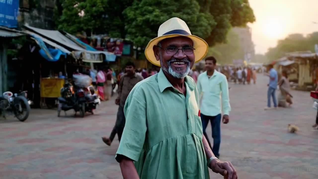一个穿着绿色裙子和太阳帽的老人在印度孟买美丽的日落时分愉快地散步。