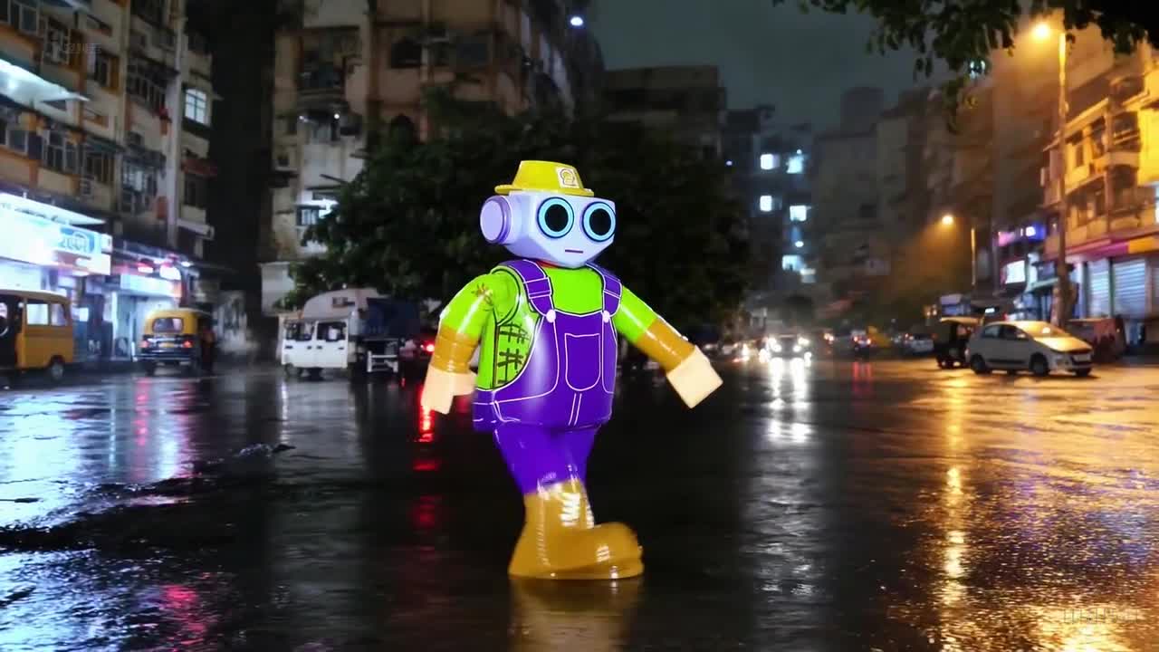 一个穿着紫色工装裤和牛仔靴的玩具机器人在印度孟买冬天的风暴中愉快地散步。