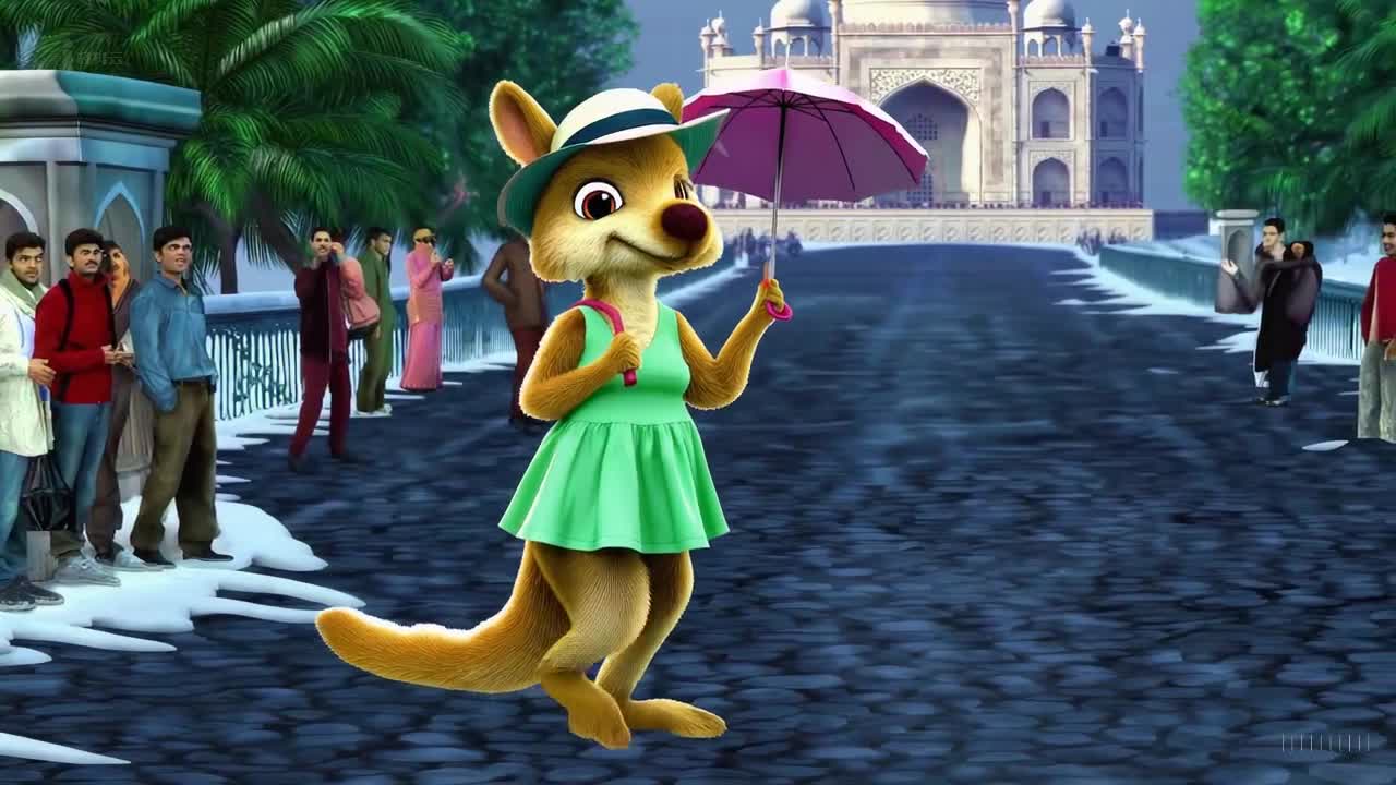 一个可爱的袋鼠穿着绿色裙子和太阳帽在印度孟买冬天的风暴中愉快地散步。