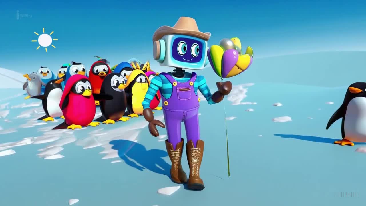 一个穿着紫色工装裤和牛仔靴的玩具机器人在南极洲举行的一场多彩节日中愉快地散步。