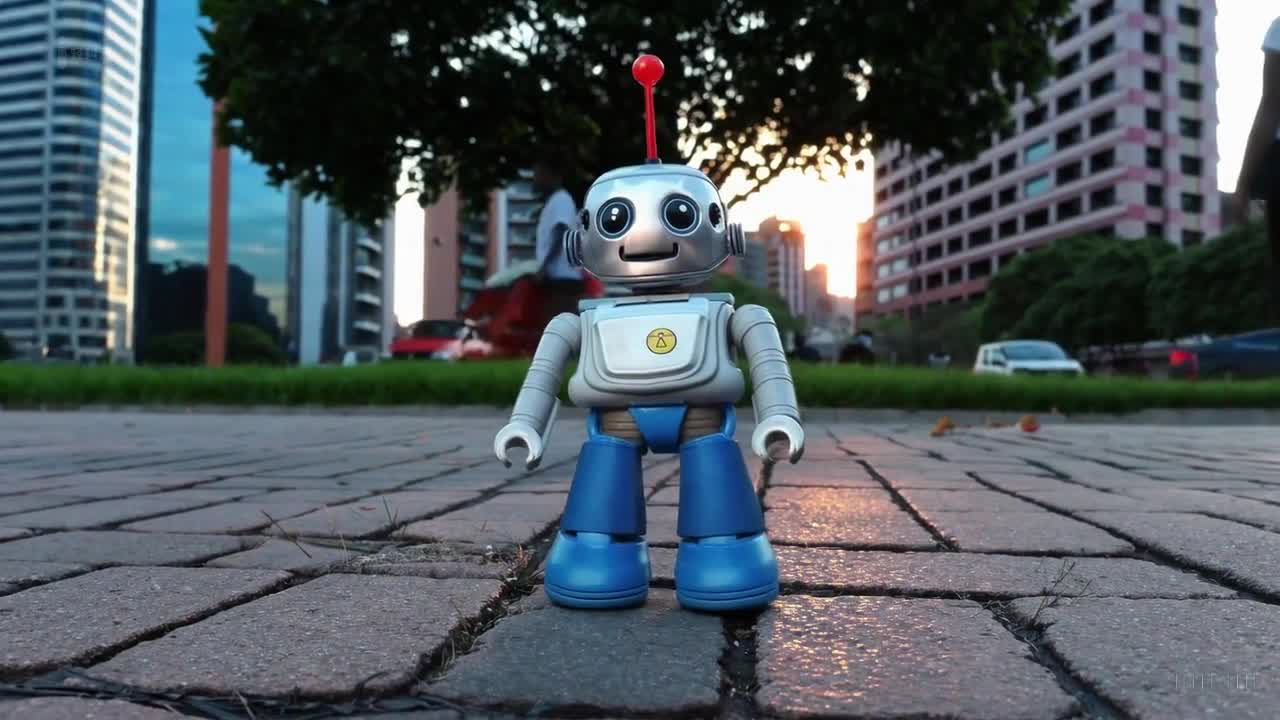 一个穿着蓝色牛仔裤和白色T恤的玩具机器人在南非约翰内斯堡美丽的日落时分愉快地散步。