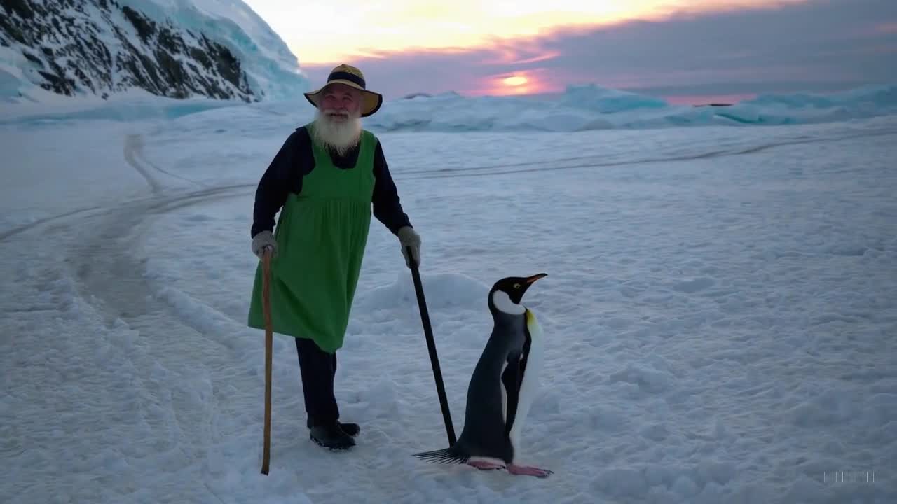 一个穿着绿色裙子和太阳帽的老人在南极洲美丽的日落时分愉快地散步。
