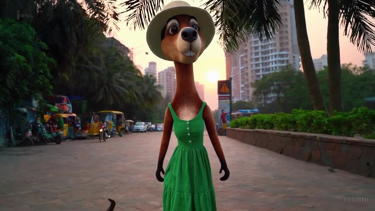 一个可爱的袋鼠穿着绿色裙子和太阳帽在印度孟买美丽的日落时分愉快地散步。