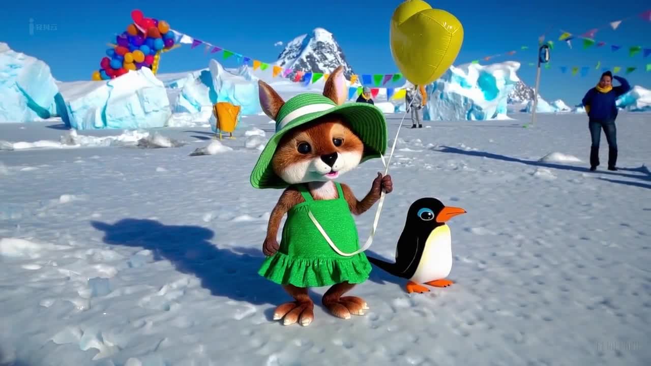 一个可爱的袋鼠穿着绿色裙子和太阳帽在南极洲举行的一场多彩节日中愉快地散步。