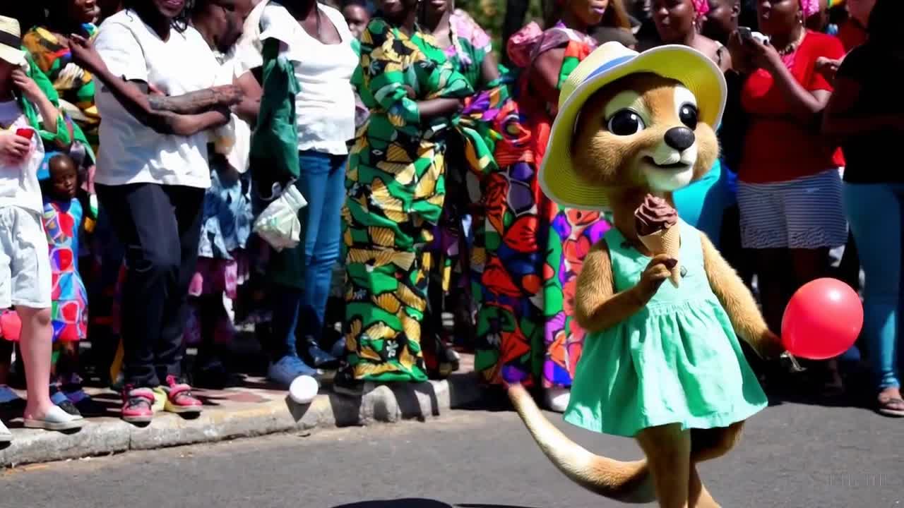一个可爱的袋鼠穿着绿色裙子和太阳帽在南非约翰内斯堡举行的一场多彩节日中愉快地散步。