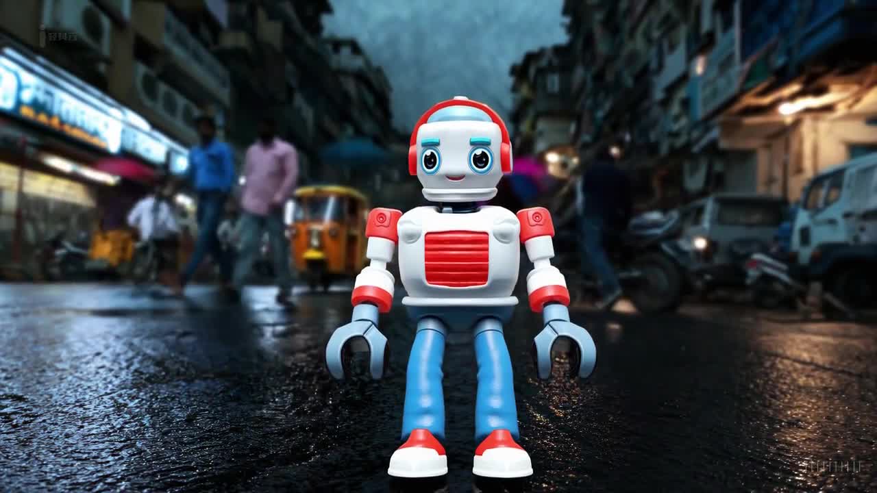 一个穿着蓝色牛仔裤和白色T恤的玩具机器人在印度孟买冬天的风暴中愉快地散步。