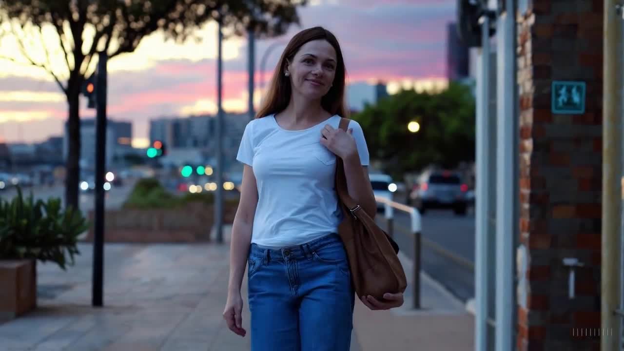 一个穿着蓝色牛仔裤和白色T恤的女人在南非约翰内斯堡美丽的日落时分愉快地散步。