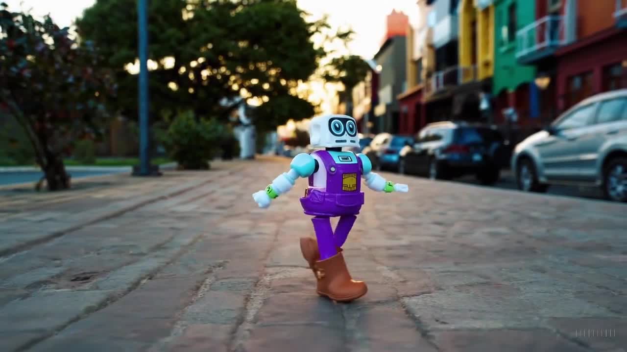 一个穿着紫色工装裤和牛仔靴的玩具机器人在南非约翰内斯堡美丽的日落时分愉快地散步。