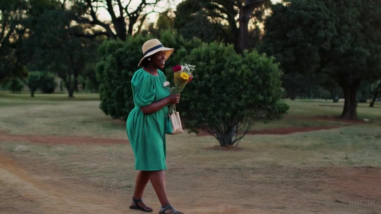 一个穿着绿色裙子和太阳帽的女人在南非约翰内斯堡美丽的日落时分愉快地散步。