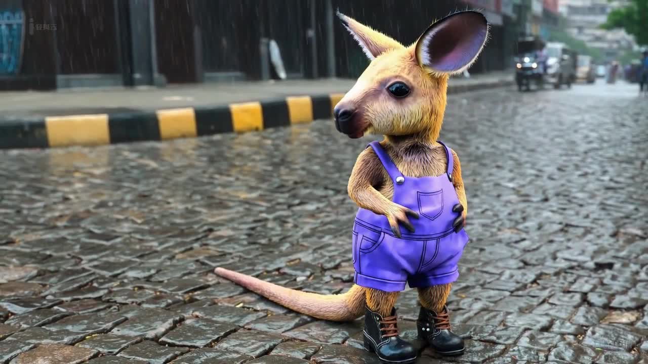 一个穿着紫色工装裤和牛仔靴的可爱的袋鼠在印度孟买冬天的风暴中愉快地散步。