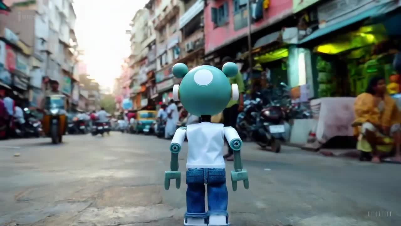 一个穿着蓝色牛仔裤和白色T恤的玩具机器人在印度孟买美丽的日落时分愉快地散步。
