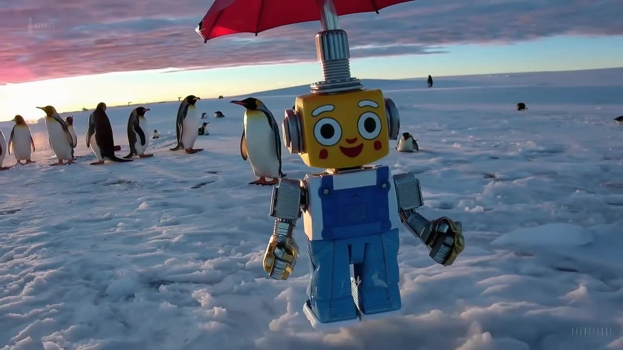 一个穿着蓝色牛仔裤和白色T恤的玩具机器人在南极洲美丽的日落时分愉快地散步。