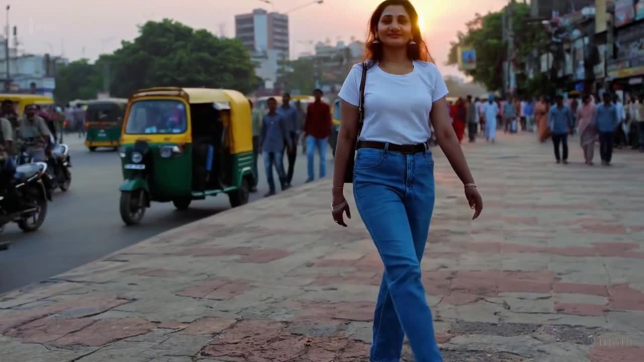 一个穿着蓝色牛仔裤和白色T恤的女人在印度孟买美丽的日落时分愉快地散步。