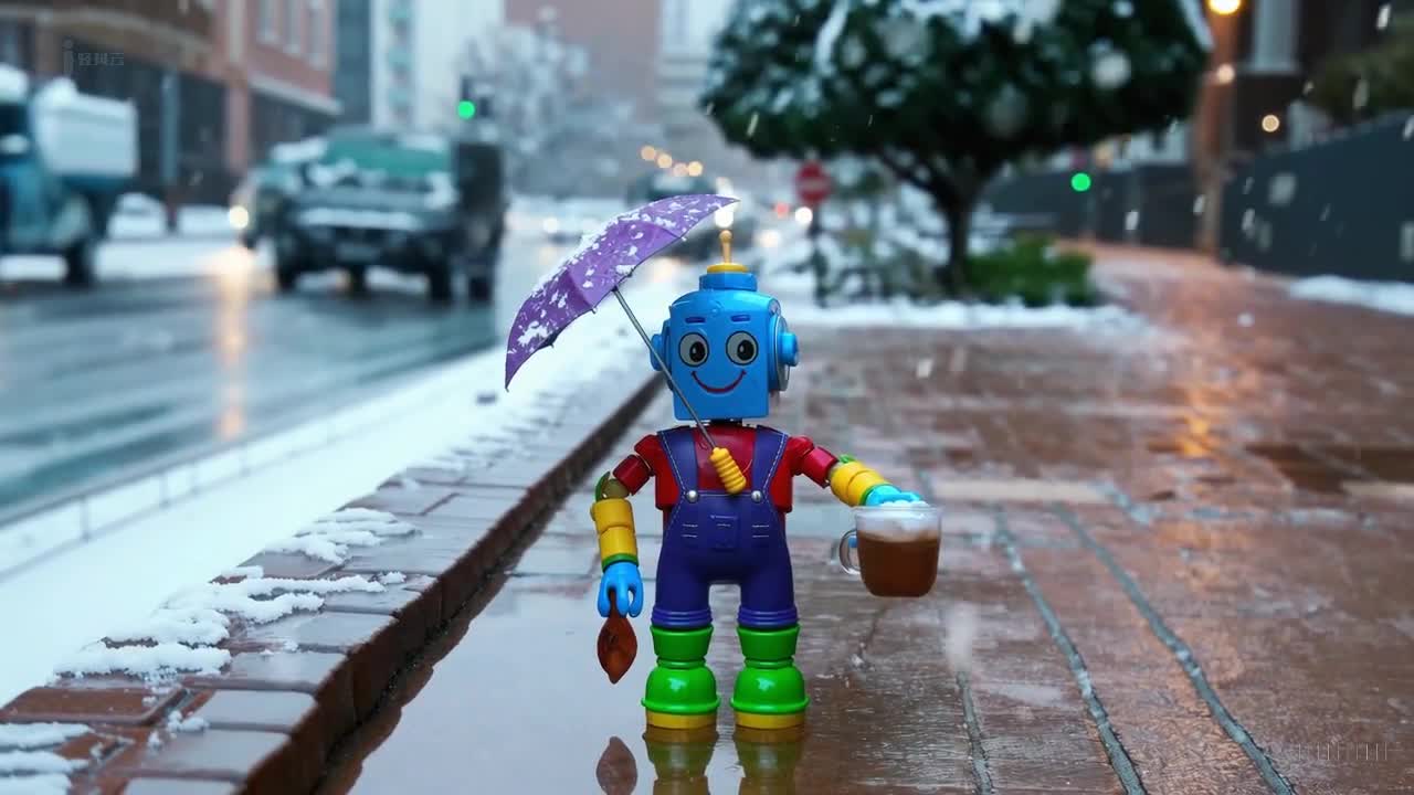 一个穿着紫色工装裤和牛仔靴的玩具机器人在南非约翰内斯堡冬天的风暴中愉快地散步。